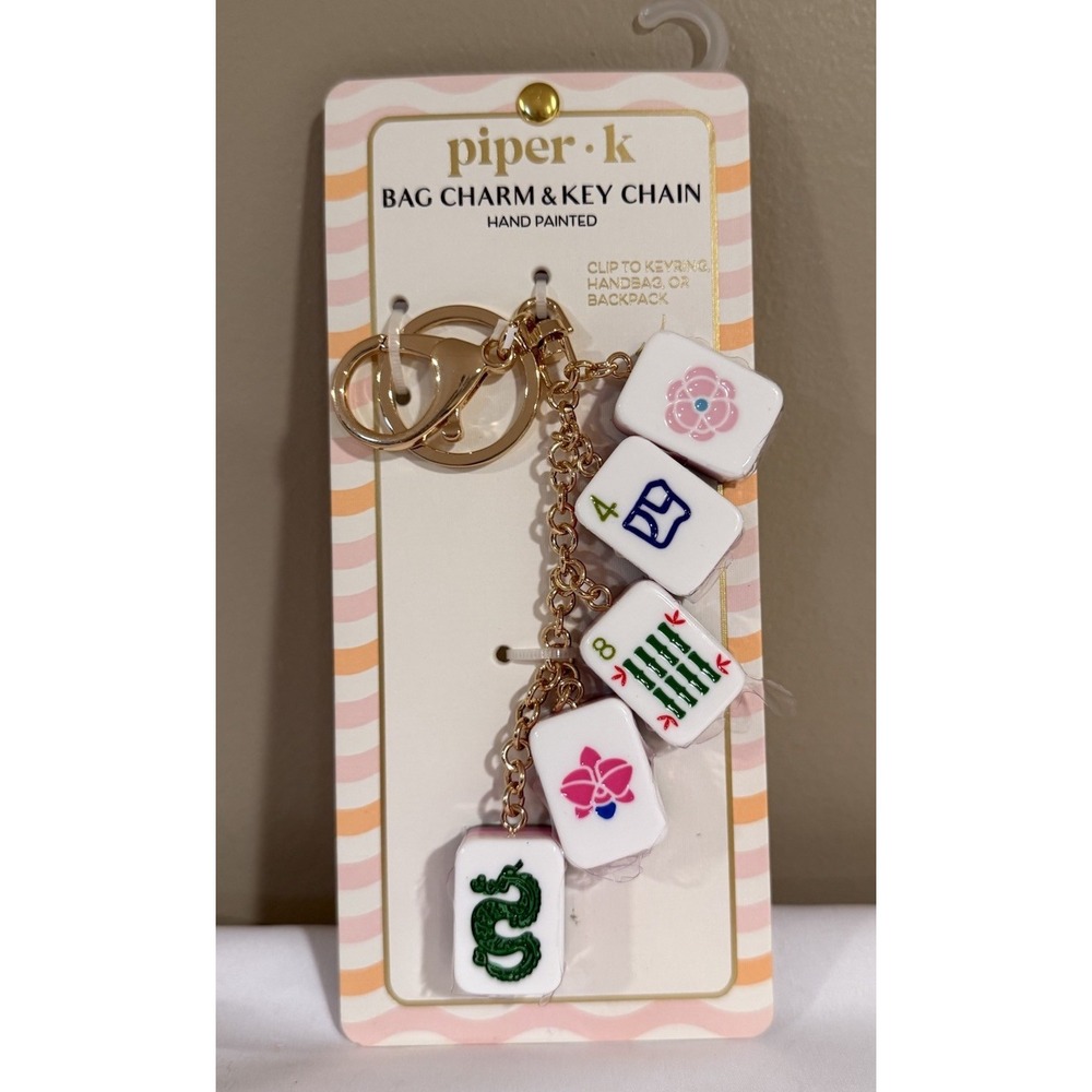 Piper K Mahjong Bag Charm & Key Chain Hand Painted Tiles Rose Gold Tone NWT
